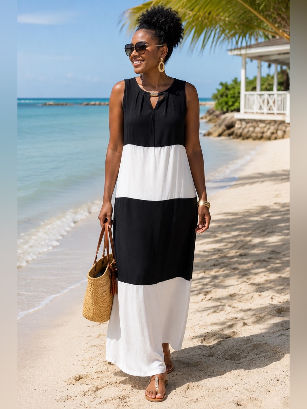 Chico's Black and White Sleeveless Block Stripe Maxi Dress
